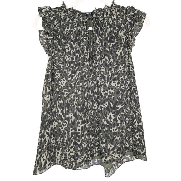 Generation Love Silk Camo Leopard Boho Ruffle Sleeve Tie Neck Chiffon Blouse Med - Picture 1 of 7